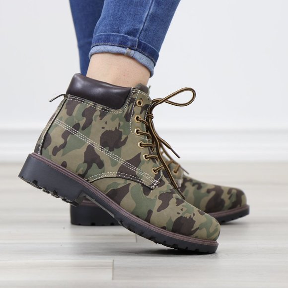 Women's Camouflage Combat Lace-up Ankle Boots Low Heel Casual Short Booties - Picture 5 of 12